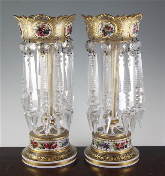 A pair of Bohemian gilt-decorated enamelled and overlaid table lustres, height 34.5cm, one repaired